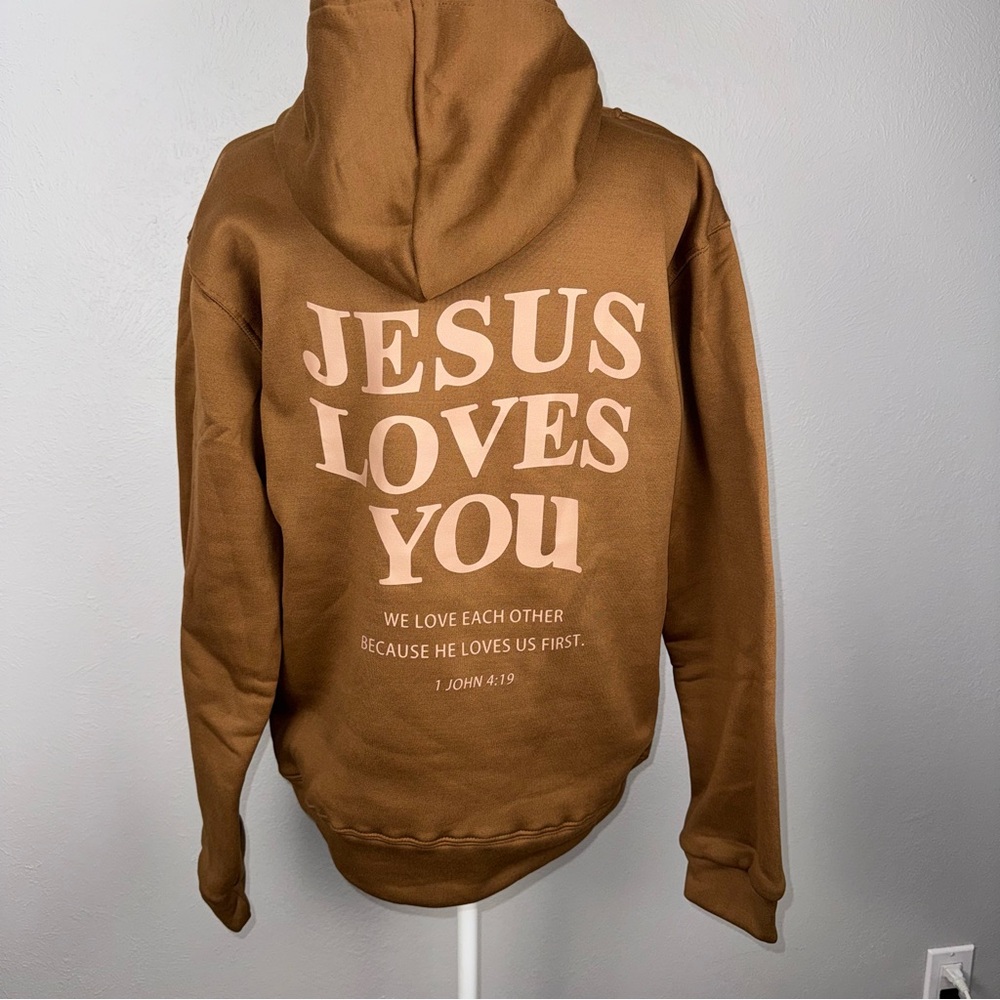 Jesus Loves You Hoodie M/L Brown Inspirational Bible‎ Casual Trendy Christian - Picture 2 of 9